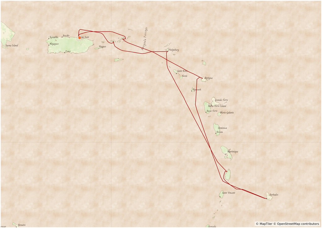 Example MyCruiseRoute map in the Clipper map style, showing a cruise route through the Eastern Caribbean