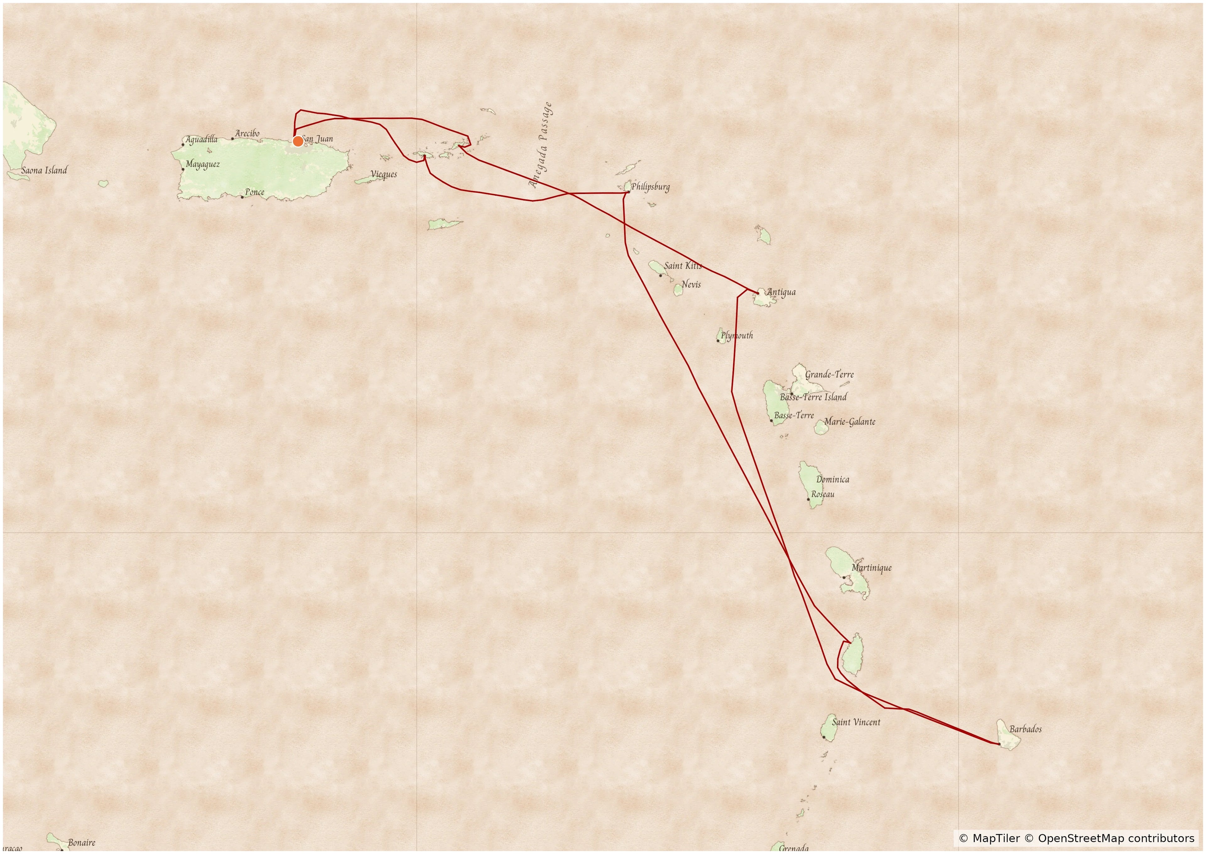 Example MyCruiseRoute map in the Clipper map style, showing a cruise route through the Eastern Caribbean