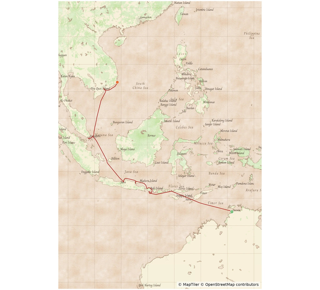 Example MyCruiseRoute map in the Clipper map style, showing a cruise route through South East Asia