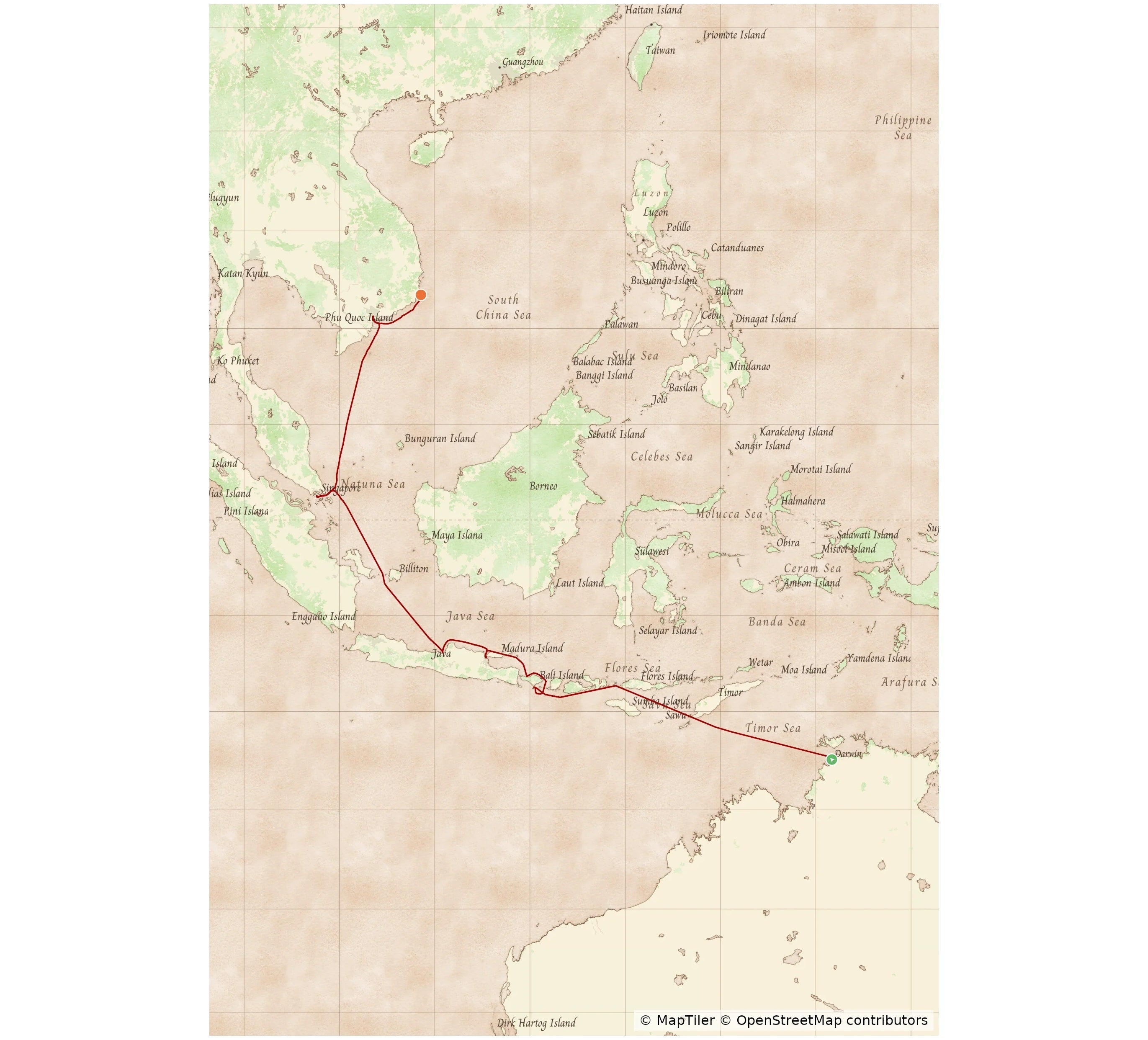 Example MyCruiseRoute map in the Clipper map style, showing a cruise route through South East Asia