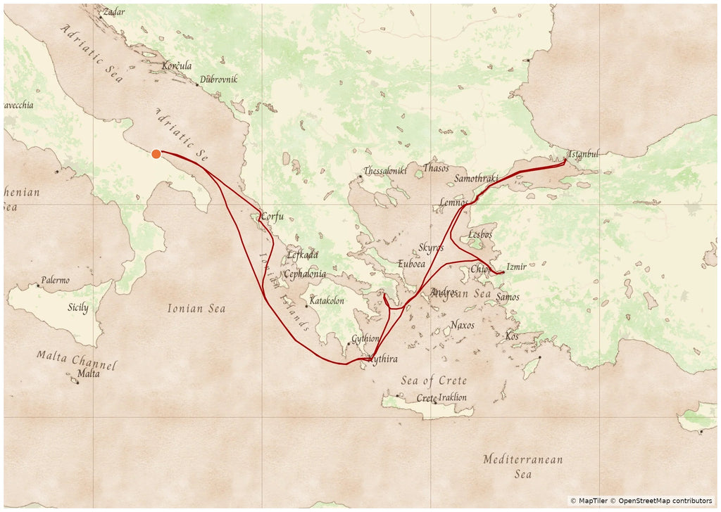 Example MyCruiseRoute map in the Clipper map style, showing a cruise route through the Eastern Mediterranean