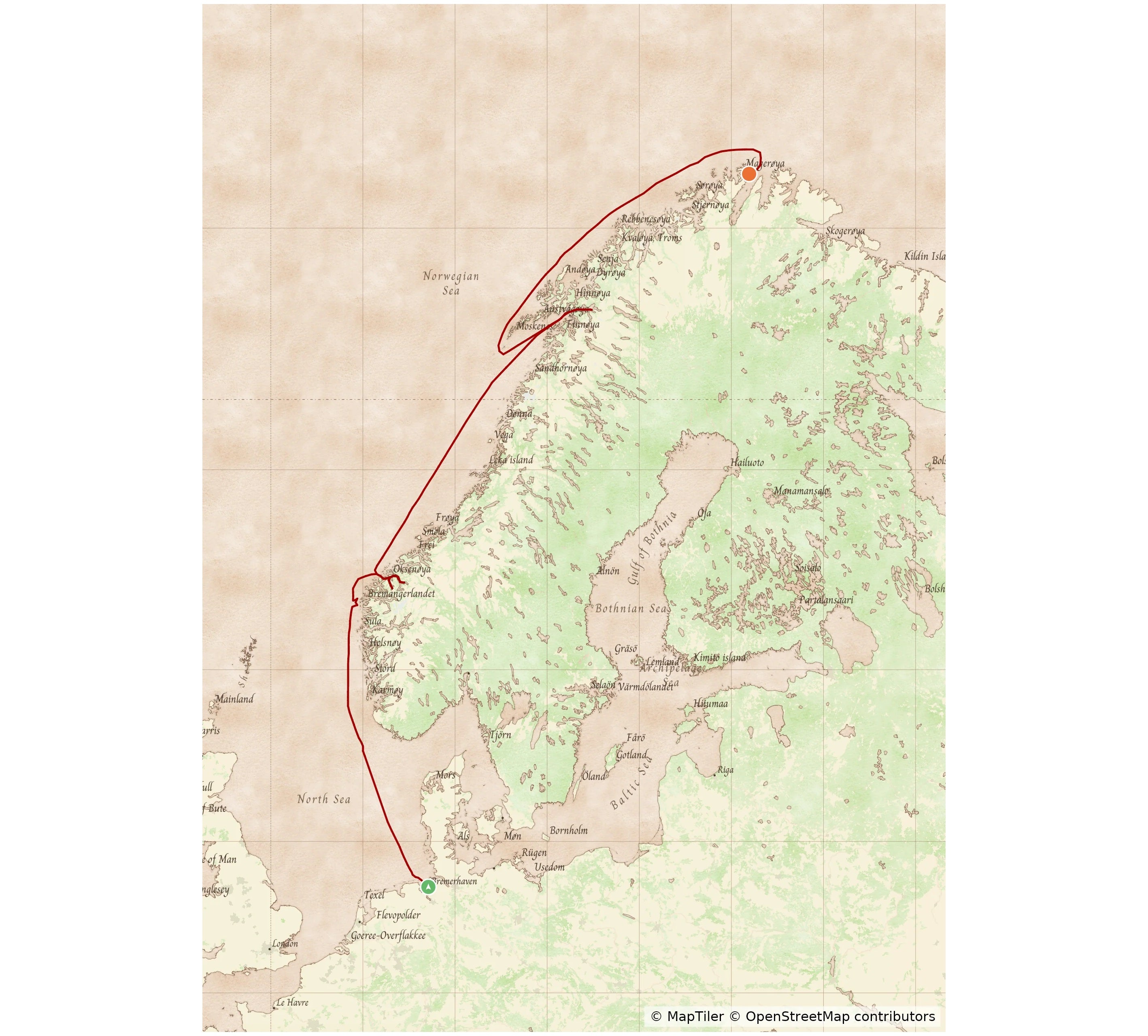 Example MyCruiseRoute map in the Clipper map style showing a cruise route to the Norwegian Fjords