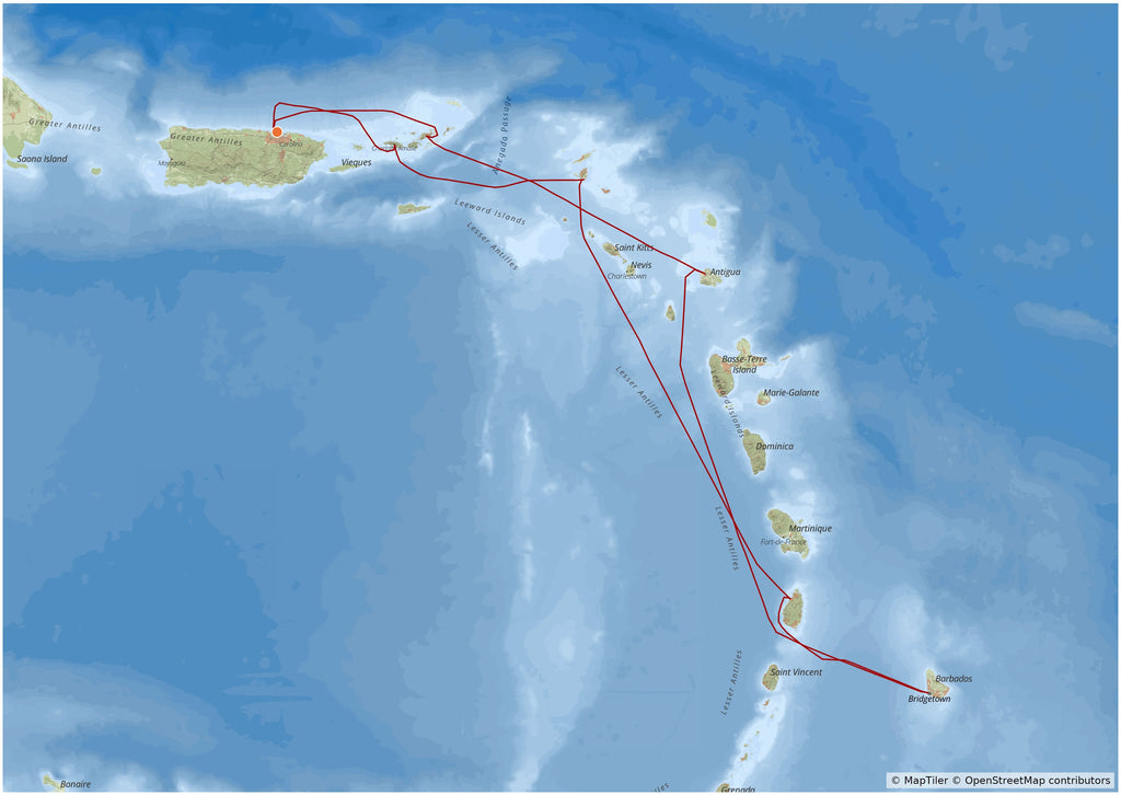 Example MyCruiseRoute map in the Explorer map style, showing a cruise route through the Eastern Caribbean