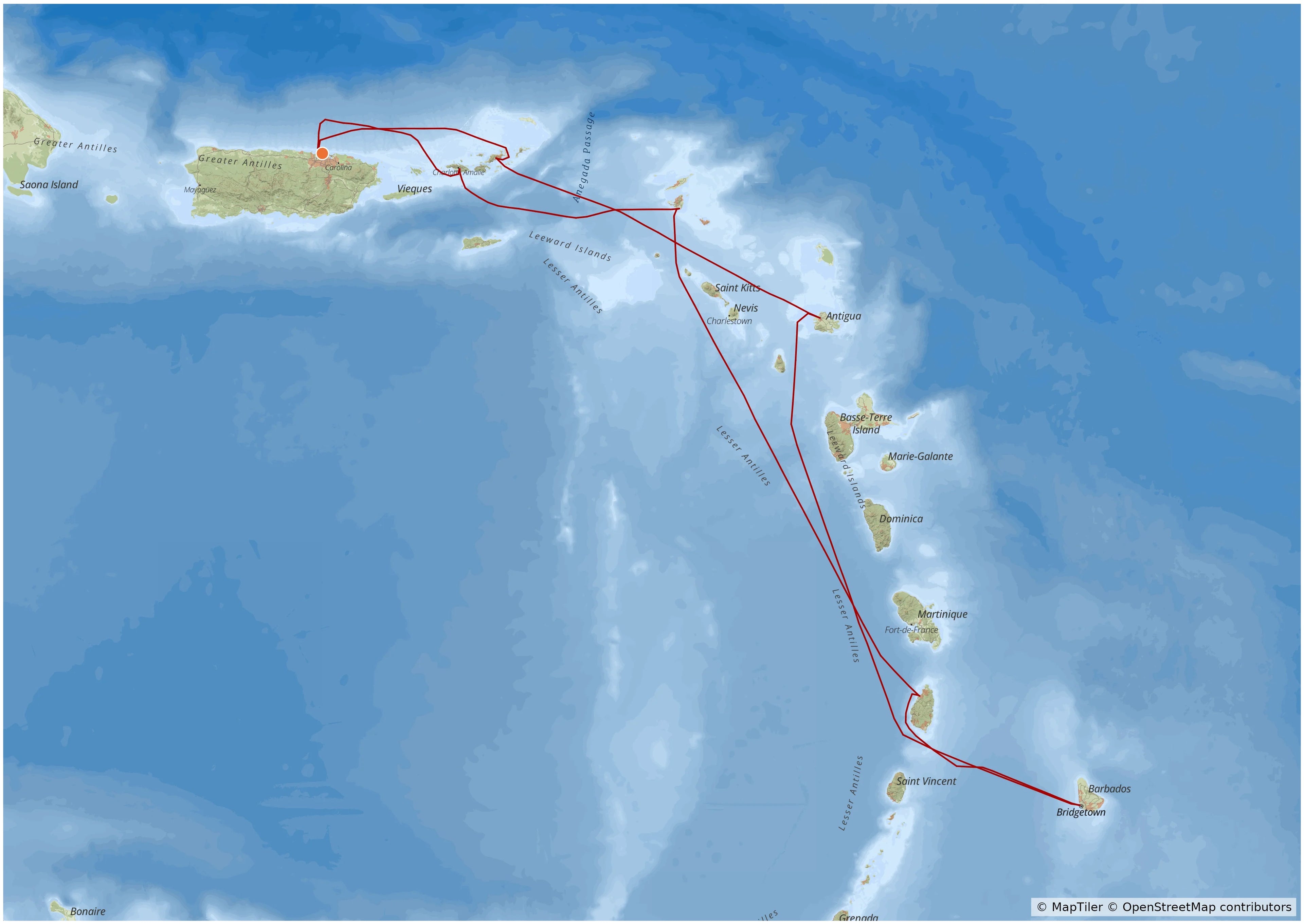 Example MyCruiseRoute map in the Explorer map style, showing a cruise route through the Eastern Caribbean