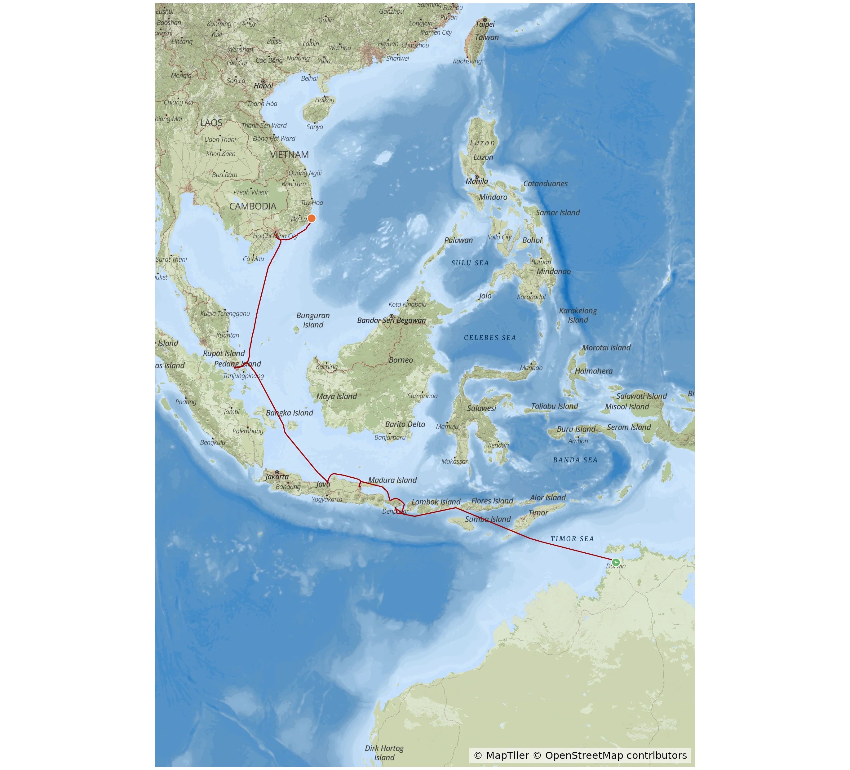 Example MyCruiseRoute map in the Explorer map style, showing a cruise route through South East Asia