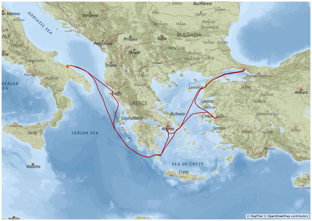 Example MyCruiseRoute map in the Explorer map style, showing a cruise route through the Eastern Mediterranean