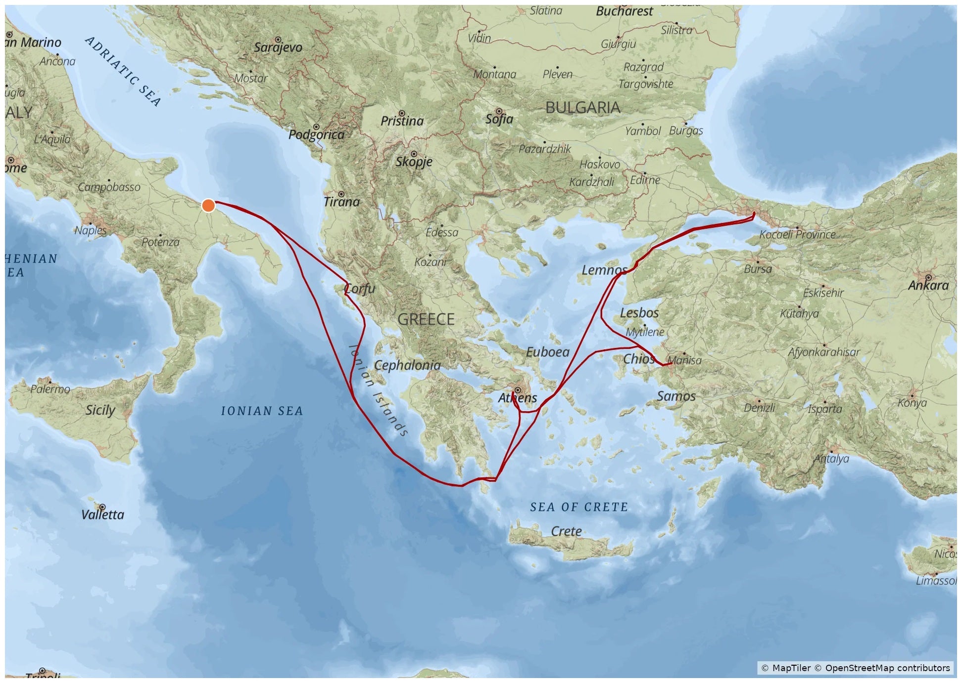 Example MyCruiseRoute map in the Explorer map style, showing a cruise route through the Eastern Mediterranean