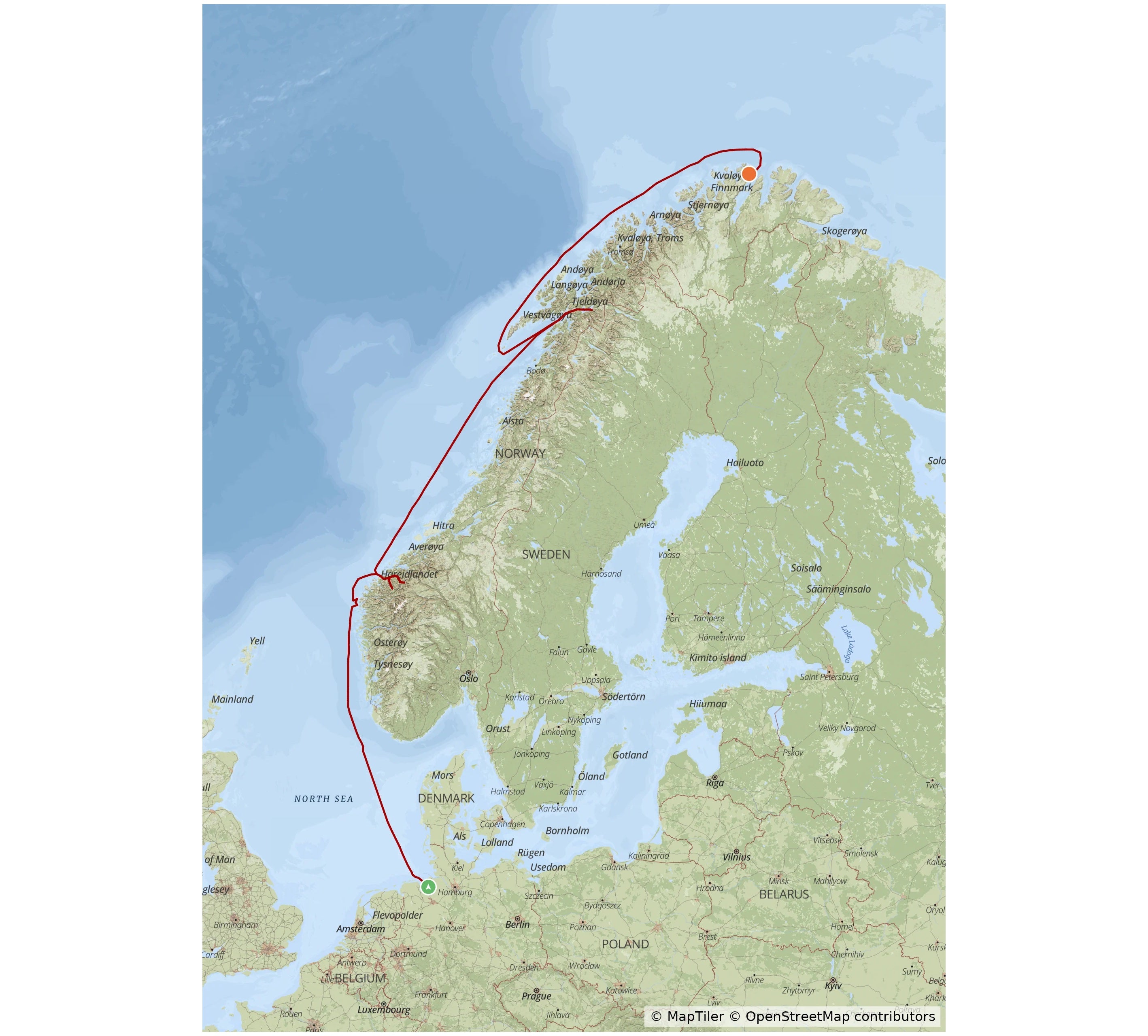 Example MyCruiseRoute map in the Explorer map style showing a cruise route to the Norwegian Fjords