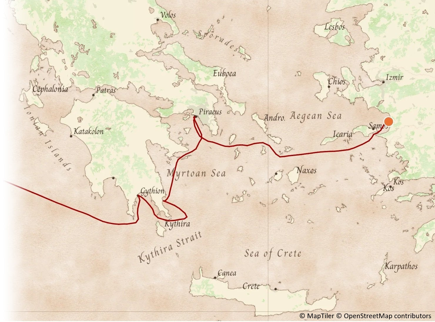 Cruise route through the Greek Islands