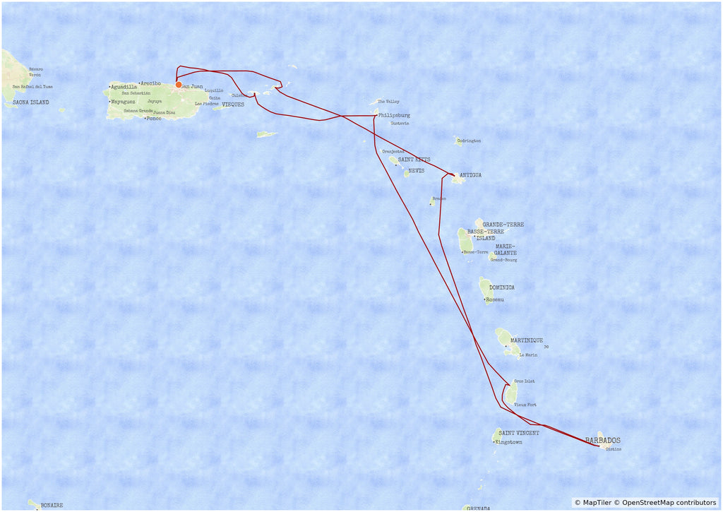 Example MyCruiseRoute map in the Vista map style, showing a cruise route through the Eastern Caribbean