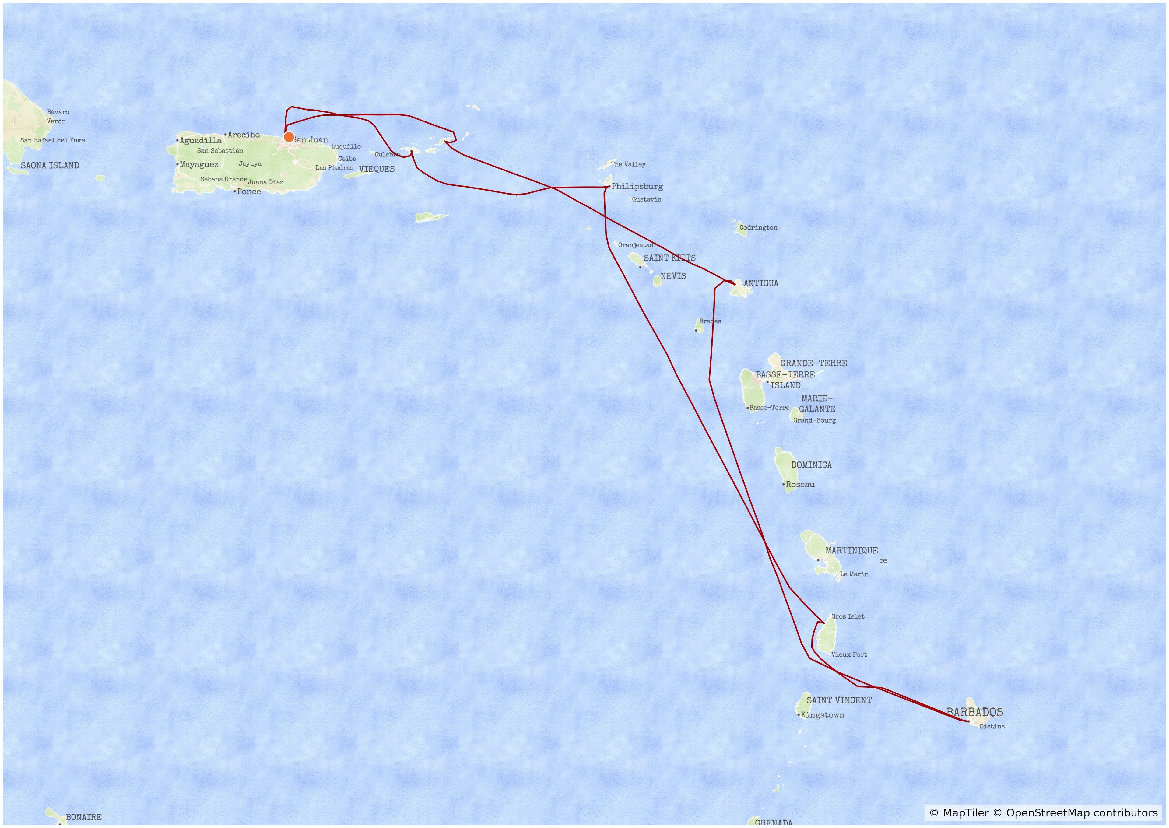 Example MyCruiseRoute map in the Vista map style, showing a cruise route through the Eastern Caribbean