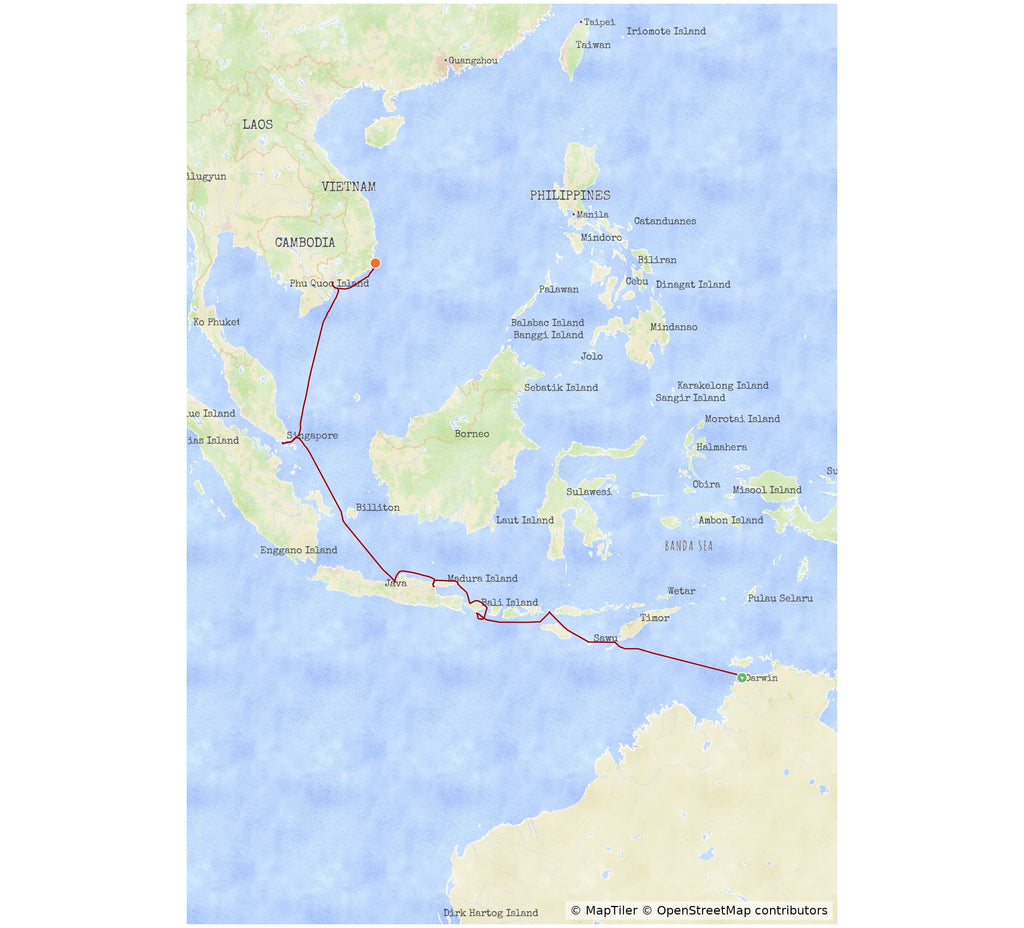 Example MyCruiseRoute map in the Vista map style, showing a cruise through South East Asia