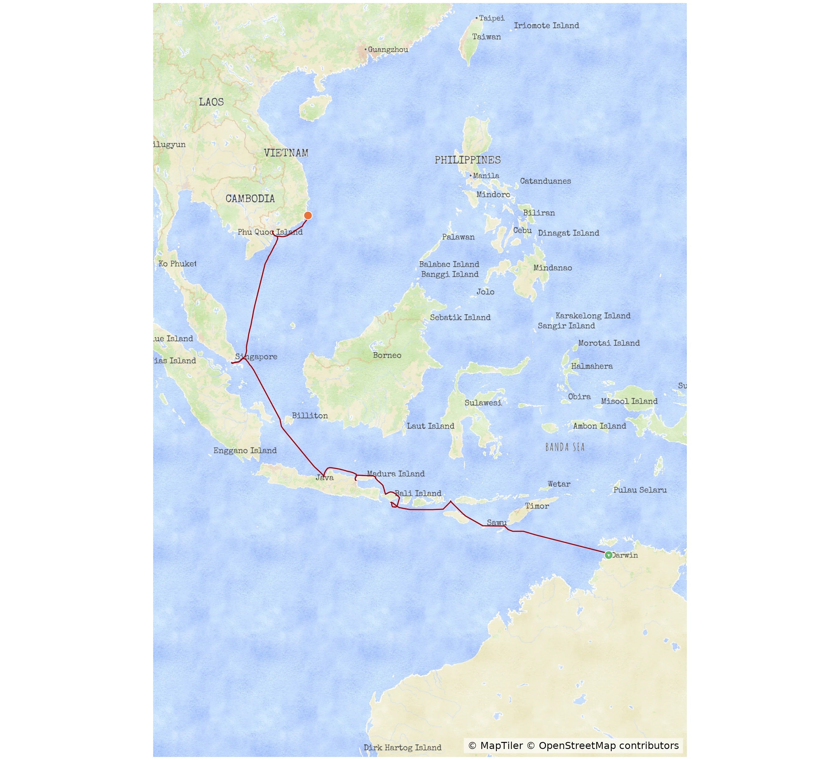 Example MyCruiseRoute map in the Vista map style, showing a cruise through South East Asia