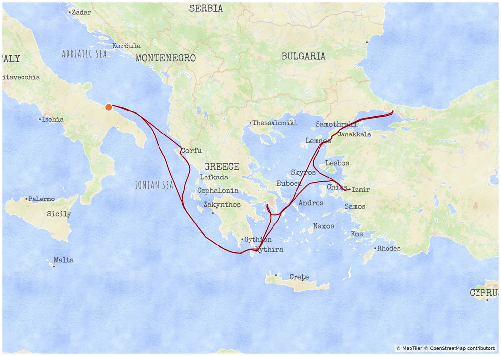 Example MyCruiseRoute map in the Vista map style, showing a cruise route through the Eastern Mediterranean