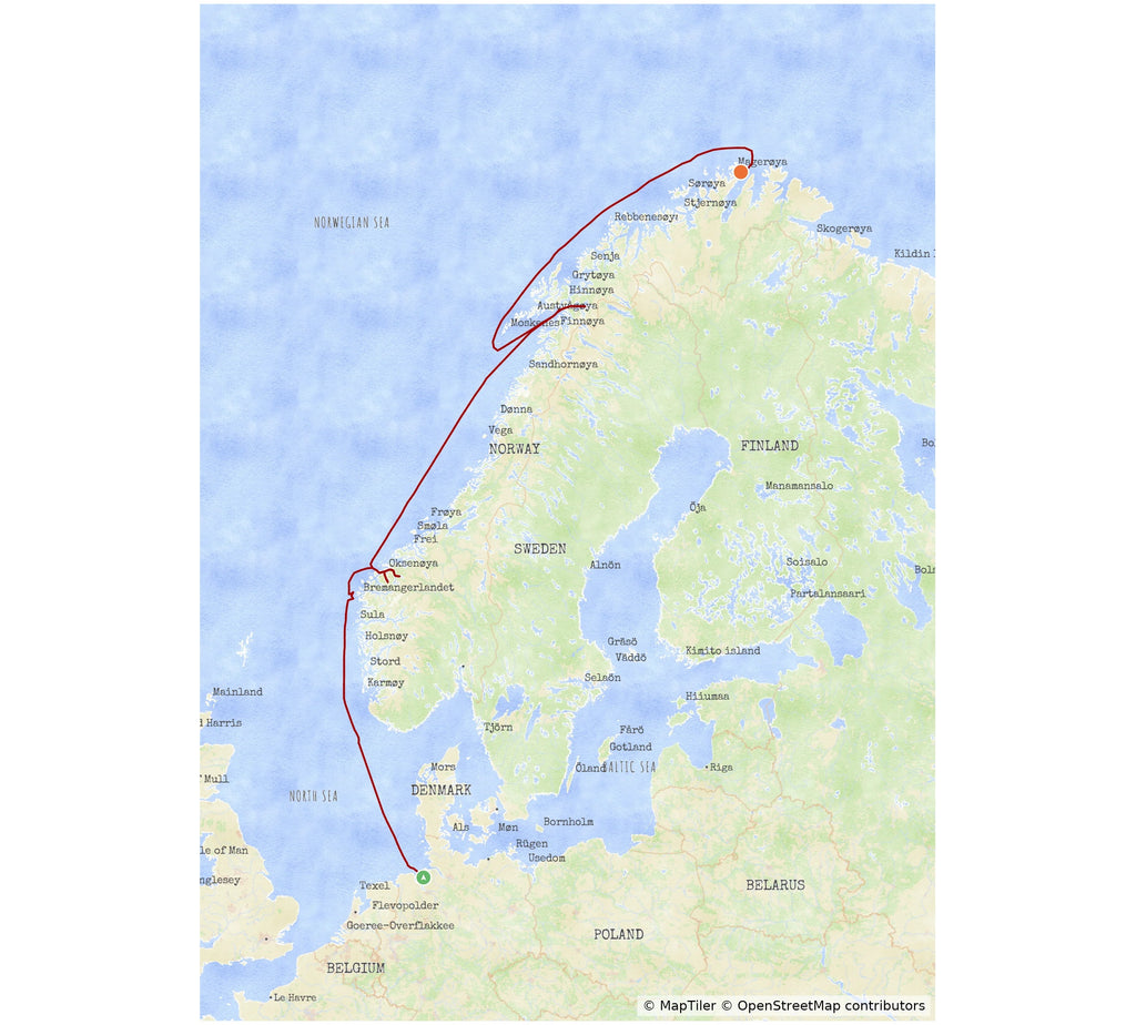 Example MyCruiseRoute map in the Vista map style showing a cruise route to the Norwegian Fjords