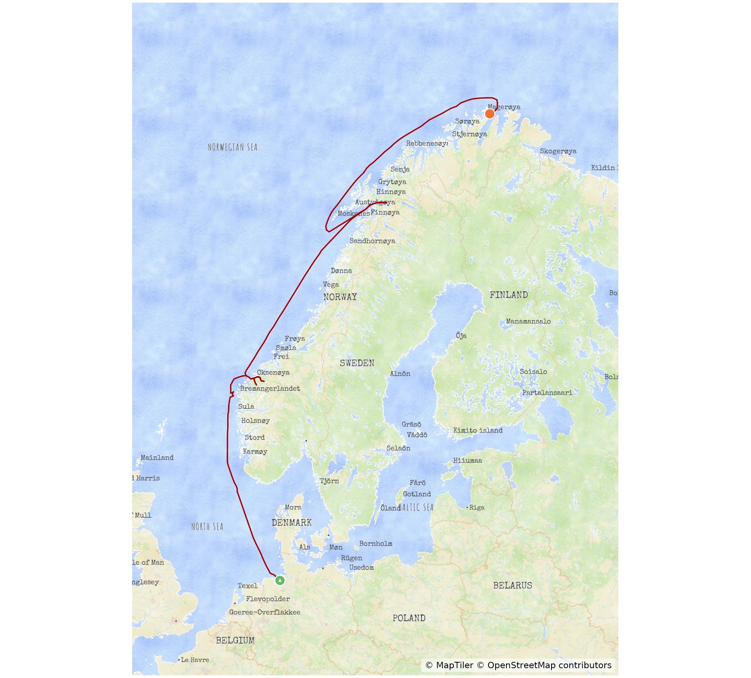 Example MyCruiseRoute map in the Vista map style showing a cruise route to the Norwegian Fjords